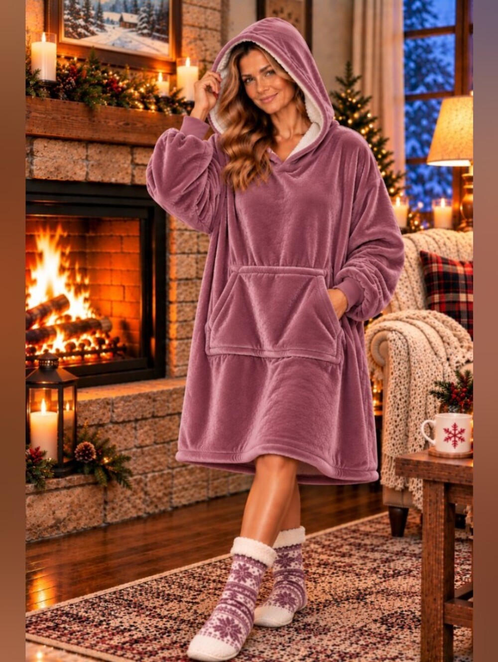 Cozy Plush Hooded Wearable Blanket -Mauve